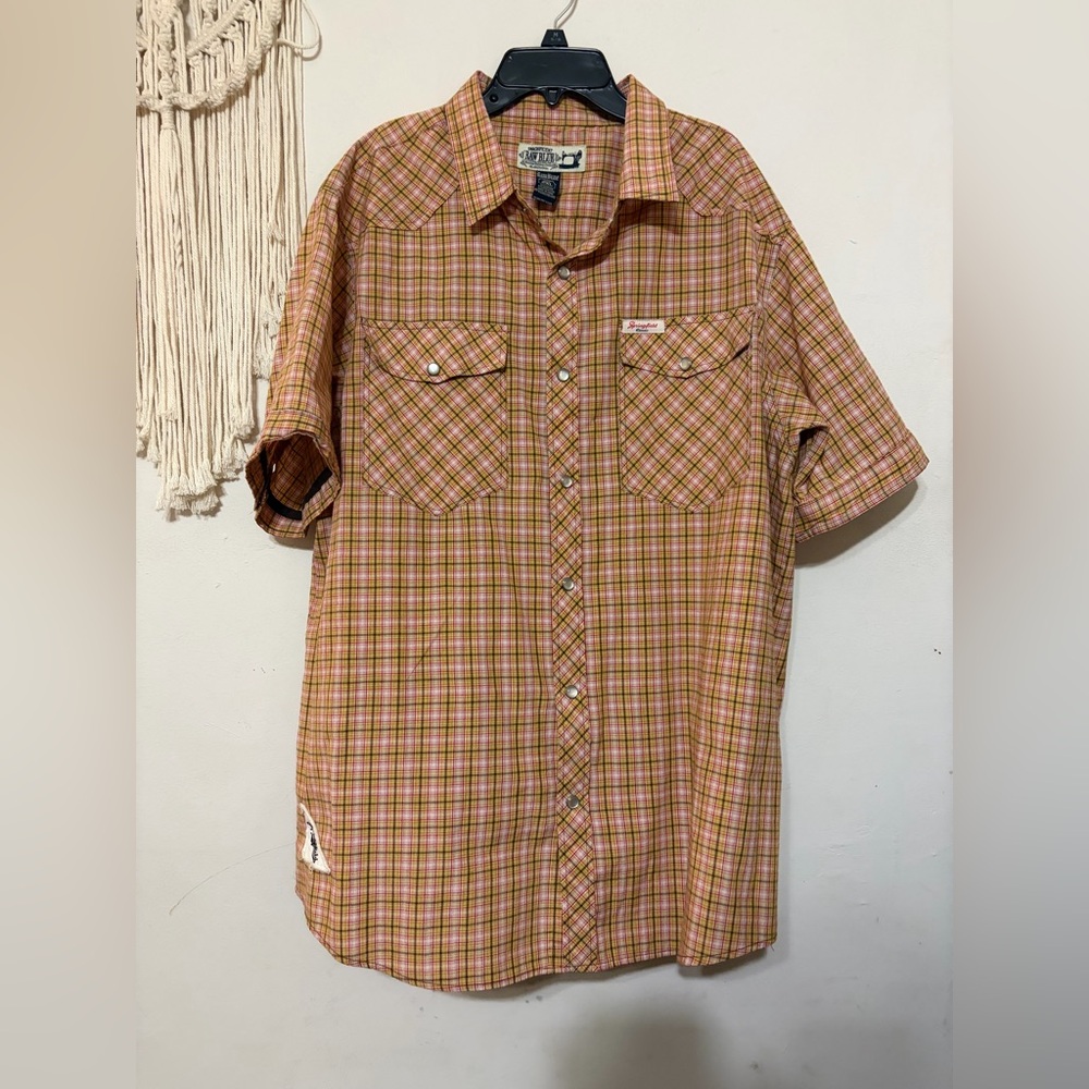 Raw Blue Short-Sleeve Plaid Button-Down Shirt - Orange/Brown